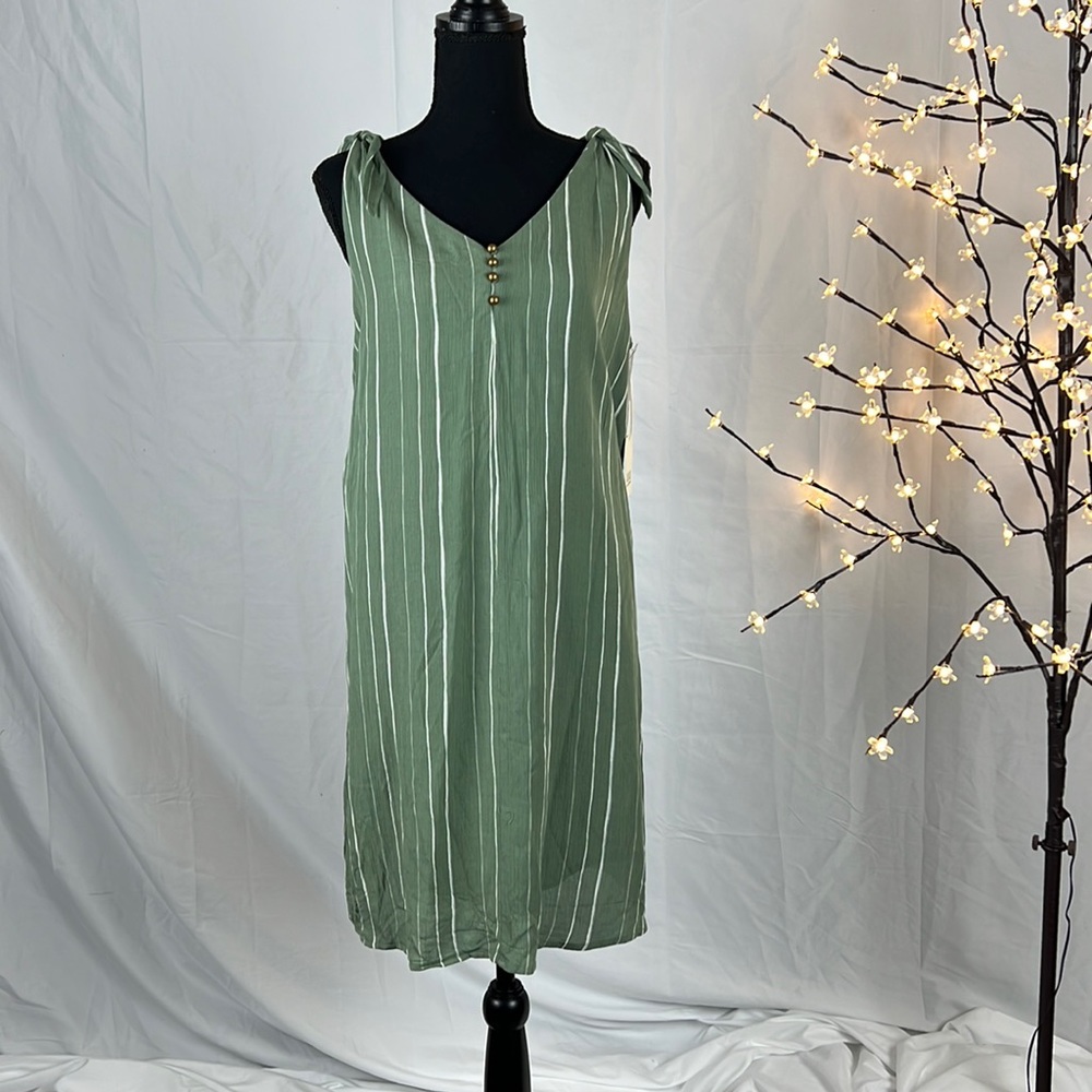 Ana Sage Green White Striped Dress size Large with Bronze button detail NWT